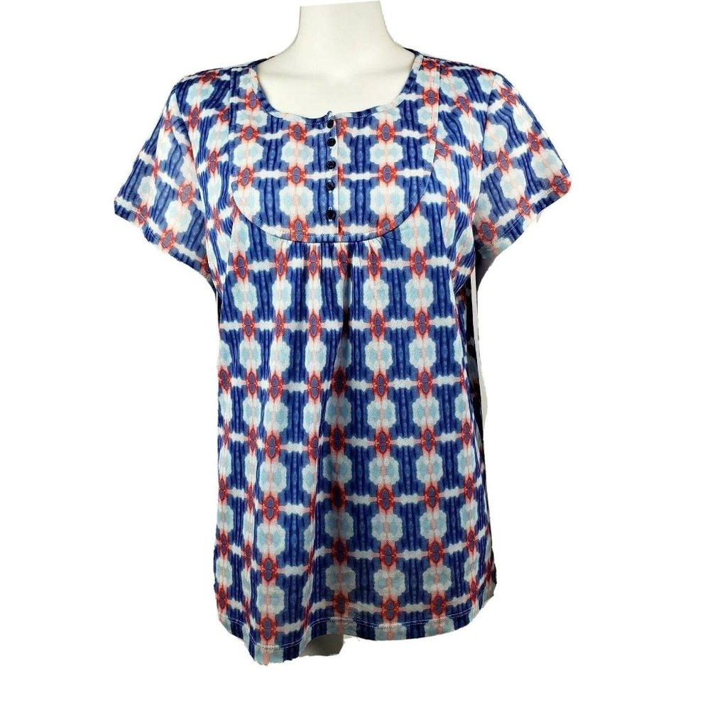 Liz‎ Claiborne Top Shirt Womens Size L Large Mesh Blue Red Short Sleeve Pullover